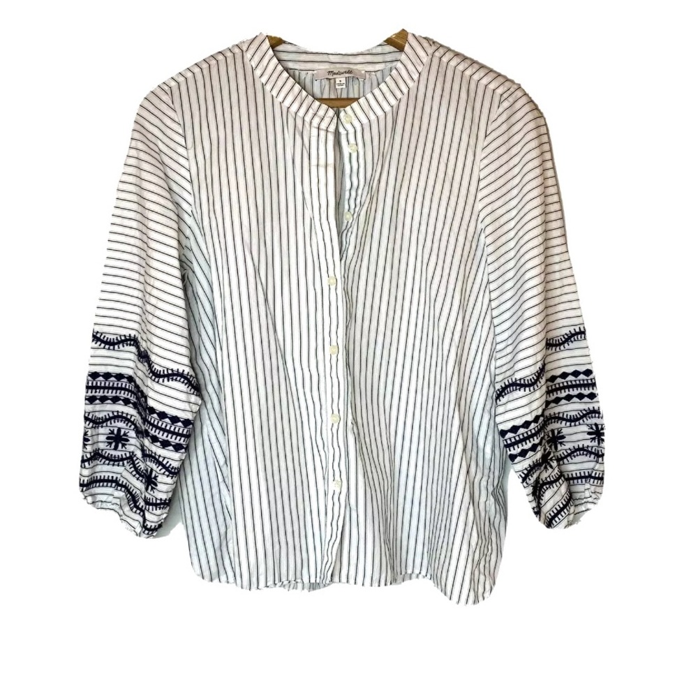 MADEWELL Button Down Shirt Navy Stripe Embroidered - Picture 3 of 8